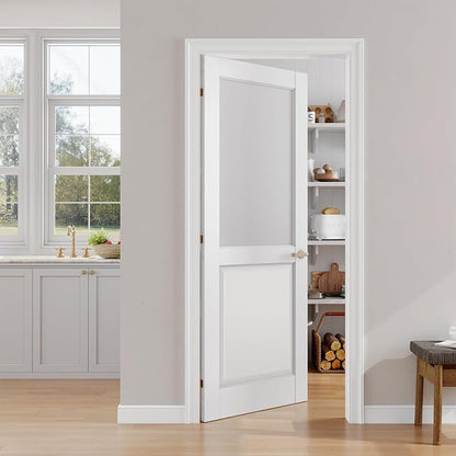 SMARTSTANDARD 30" x 80" Frosted Glass Interior Door Slab, Solid Core | Pre-Assembled French Slab Door for Pantry Laundry Closet Bathroom, without Hardware, White Primed, Paintable Surface