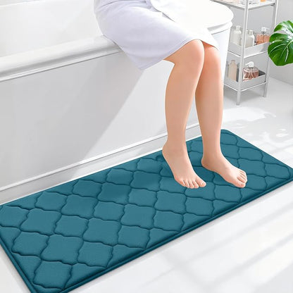 OLANLY Memory Foam Bath Mat Rug 47x17, Ultra Soft and Absorbent Bathroom Rugs, Non-Slip, Comfortable, Machine Washable Bath Carpet for Bathroom Floor, Shower and Home Decor Accessories, Peacock Blue
