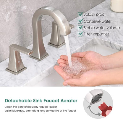 Bathroom Faucets for Sink, 2 Handle Widespread Bathroom Sink Faucet, 3 Hole Modern Stainless Steel Faucet with Pop-up Drain and Water Supply Lines, Brushed Nickel