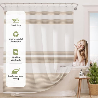 AmazerBath Shower Curtain, 72x72 Washable Cloth Neutral Light Tan Shower Curtain with 12 Hooks, Fabric Khaki and White Striped Set, Farmhouse Bathroom Shower Curtain