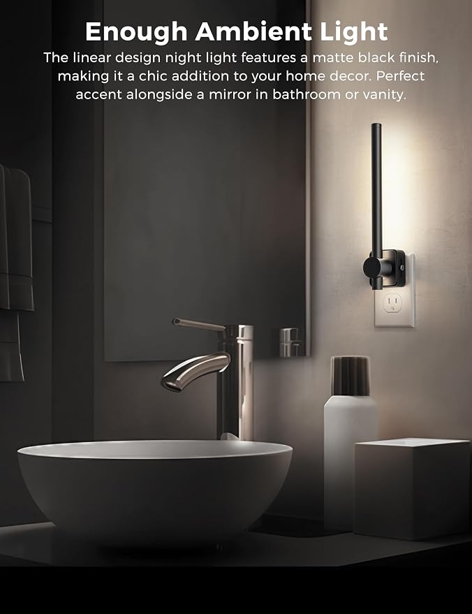 L LOHAS LED Night Light, Dimmable Night Lights Plug into Wall 0-200LM | Dusk to Dawn Sensor, 2W Bathroom Night Lights, Daylight 5000K, Modern Black Plug in Nightlight for Mirror Restroom, 1Pack