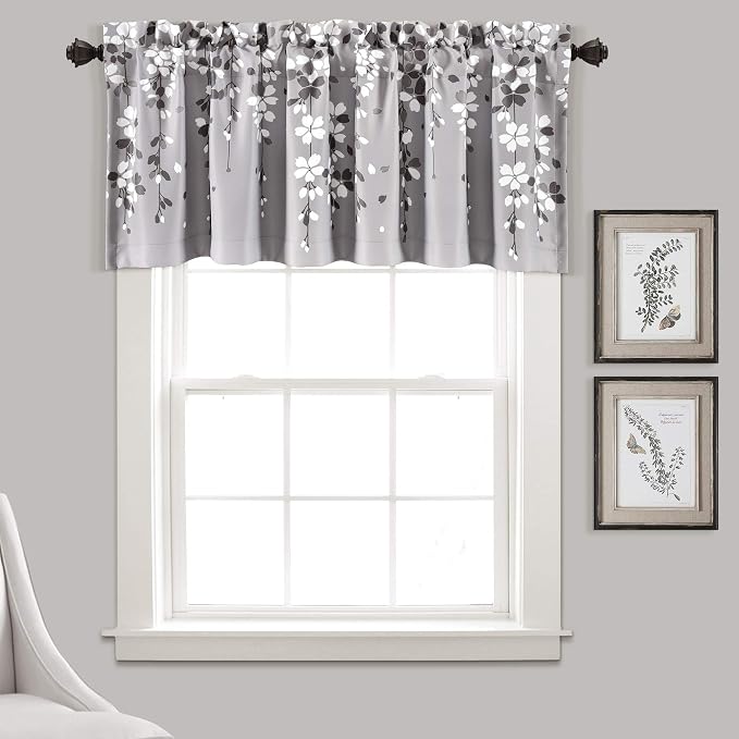 Lush Decor Weeping Flower Light Filtering Valance, 52" W x 18" L + 2" Header, Gray - Floral Curtains - Valance Curtains - Bathroom & Kitchen Valances for Windows - Cottage & Farmhouse Home Decor