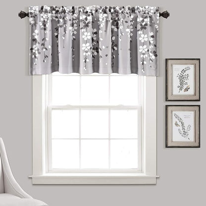 Lush Decor Weeping Flower Light Filtering Valance, 52" W x 18" L + 2" Header, Gray - Floral Curtains - Valance Curtains - Bathroom & Kitchen Valances for Windows - Cottage & Farmhouse Home Decor