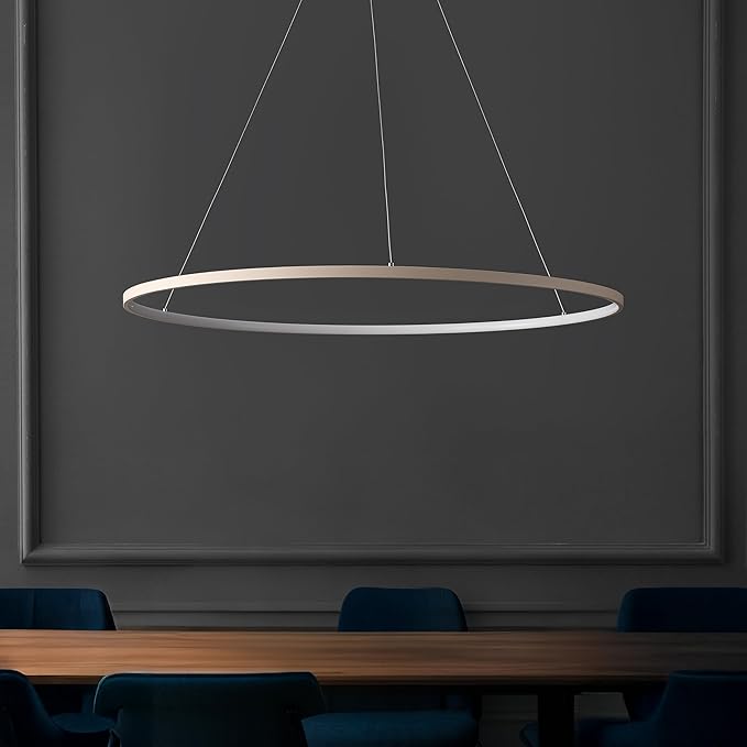 JONATHAN Y 35" Beige Modern Integrated LED Pendant Light, Dimmable Round Hoop Chandelier for Kitchen Island, Dining Room, Adjustable Height Metal Hanging Light (JYL7220H)