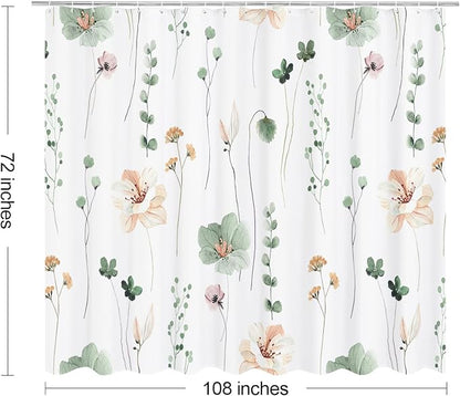 Sage Green Beige Watercolor Floral Fabric Shower Curtain, 108x72 | Waterproof Fabric, Modern Minimalist Floral Print, Machine Washable, Rustproof Grommets, for Bathroom Home, Extra Wide