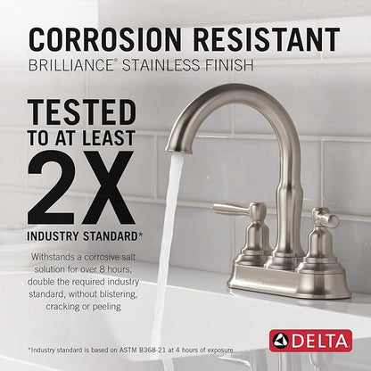 Delta Roe Centerset Brushed Nickel Bathroom Faucet, 4 Inch 3 Hole Bathroom Sink Faucet for Vanity, Push-Pop Drain Assembly, Stainless 25985LF-SS