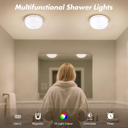 2-Pack Waterproof Shower Light No Wiring, Rechargeable Shower Lamp, White | 15 RGBW Color Mood Lighting with Remote Dimmable&Timer, LED Wireless Magnetic Ceiling/Wall Light for Bathroom Bathtub Closet