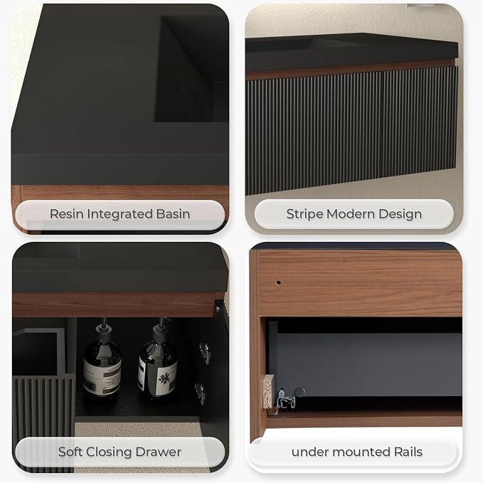 48 Inch Floating Bathroom Vanity with Sink, Wall Mounted Striped Storage Cabinet, Soft Close Drawer, Black Quartz Sand Basin, Fully Assembled, Smoked Walnut Finish