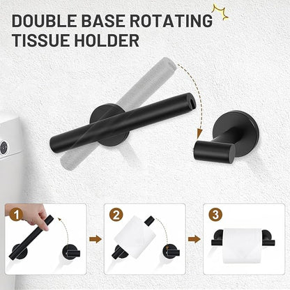 TURS Black 4-Pieces Towel Ring Set Include Towel Ring Double Base Toilet Paper Holder Towel Hook SUS304 Stainless Steel Bathroom Accessories Kit Wall Mounted
