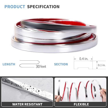 Art3d 30 ft Peel and Stick Flexible Vinyl Molding Trim, Stainless Steel | Durable, Waterproof, Oil-Proof, Superior Adhesive, Useful, Easy to Clean, Ideal for Mirror Edges, Accent Walls, Backsplashes