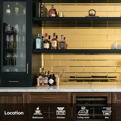 Peel and Stick Mirror Backsplash, Gold, 4x12 Inch, Beveled Mirror Subway Kitchen Bar Wall Tile (5 Sq.ft, 15 Pcs)