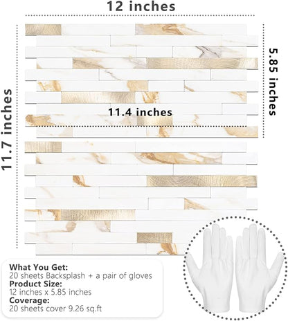 STICKGOO 20 Sheets Peel and Stick Backsplash Tile, Stick on Backsplash for Kitchen and Bathroom, Calacatta Gold Marble Look PVC Mixed Gold Self Adhesive Wall Tiles