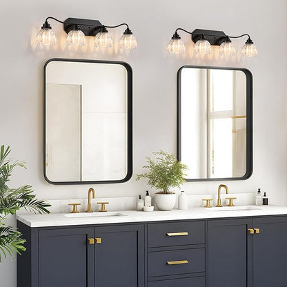Vintage Bathroom Light Fixtures, 4 Light Bathroom Vanity Light, Black Matte Antique Brass Finish with Crystal Glass Shade, Mid Century Wall Sconces for Bedroom, Living Room, Hallway