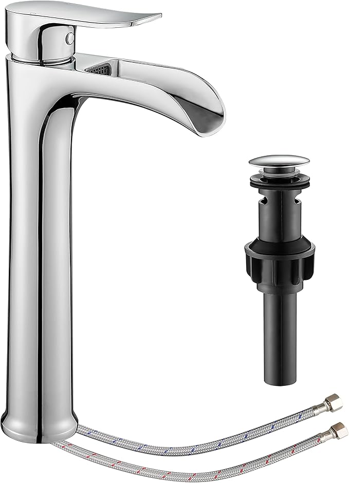 Chrome Vessel Sink Faucet,YUNDOOM Tall Waterfall Single Hole Single Handle Bowl Sink Faucet with Pop Up Drain