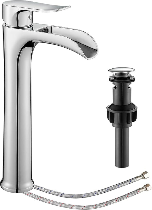 Chrome Vessel Sink Faucet,YUNDOOM Tall Waterfall Single Hole Single Handle Bowl Sink Faucet with Pop Up Drain