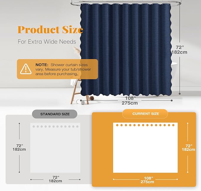BTTN 108x72 Boho Scalloped Linen Textured Cloth Shower Curtain, Navy Blue | Extra Wide Size, 230GSM Waterproof Polyester, Heavy Duty Fabric, 18 Plastic Hooks, Modern Farmhouse Style, Machine Washable
