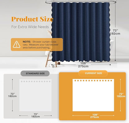 BTTN 108x72 Boho Scalloped Linen Textured Cloth Shower Curtain, Navy Blue | Extra Wide Size, 230GSM Waterproof Polyester, Heavy Duty Fabric, 18 Plastic Hooks, Modern Farmhouse Style, Machine Washable