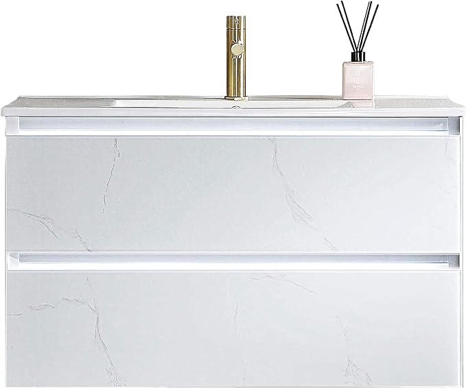 Blossom LED Lighted 36 Inch Bathroom Vanity with Ceramic Sink | Wall Mounted Floating Bathroom Vanity with Dimmable LED Lights | Modern Design Bathroom Vanities | Calacatta White