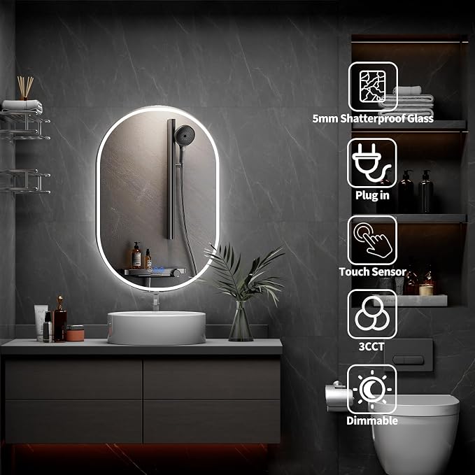 Oval LED Bathroom Mirror, 28"x 48" Frameless Lighted Mirror | LED Mirror with Front Light & Backlit, Anti-Fog, Dimmable Wall Mounted Lighted Mirror, Pill-Shaped Smart Bathroom Mirror