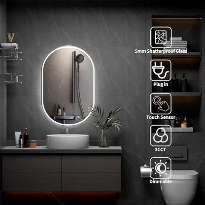 Oval LED Bathroom Mirror, 28"x 48" Frameless Lighted Mirror | LED Mirror with Front Light & Backlit, Anti-Fog, Dimmable Wall Mounted Lighted Mirror, Pill-Shaped Smart Bathroom Mirror