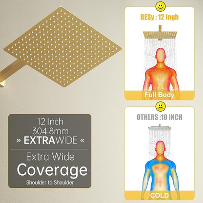 12 Inch Rainfall Shower System Rain Shower Head Combo Shower Faucet Fixture | Shower Head and Handle Set Wall Mounted Shower Mixer Kit Valve Gold