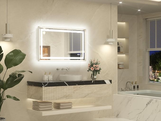 40 x 24 Led Mirror Brushed Nickel Metal Frame Frontlit & Backlit Vanity Mirror Anti-Fog Stepless Dimmable 3 Colors White/Warm/Natural Wall Mirror with Lights Wall-Mounted