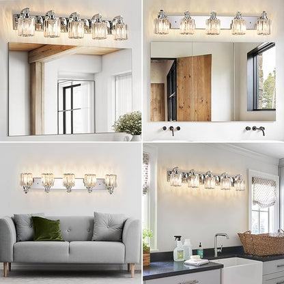 Chrome Bathroom Light Fixtures with K9 Crystal Lampshade Bathroom Lighting Over Mirror Vanity Lights for Living Room,Bedroom,Restroom,Hallway 5 Lights
