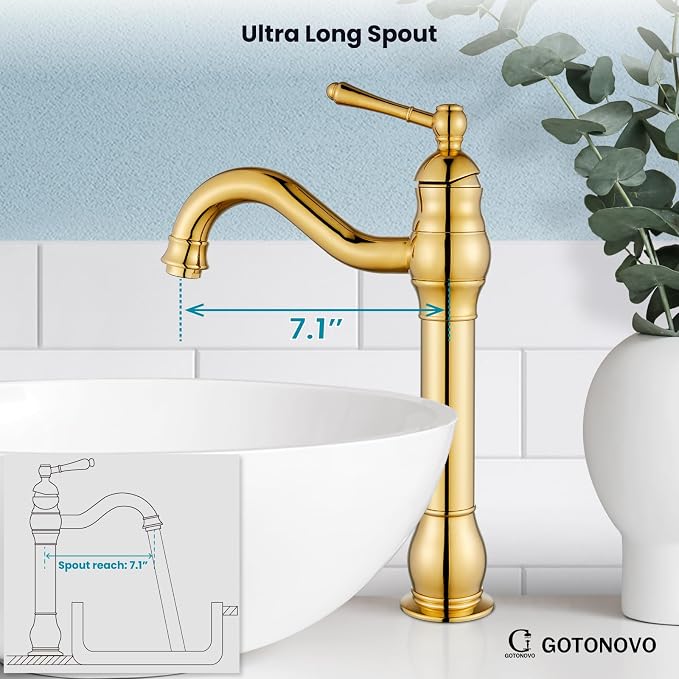 gotonovo Vintage Bathroom Vessel Sink Faucet, Polish Gold, with Drain | Tall Bathroom Faucet 1 Hole Single Handle, 360° Swivel Spout, cUPC Water Lines, Lead-Free, for Farmhouse Vanity Washbasin RV