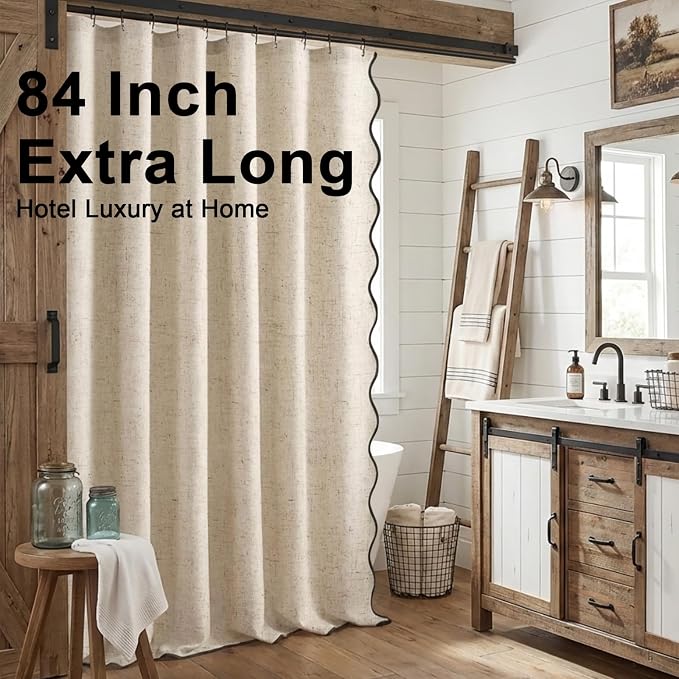 Scalloped Shower Curtain Linen Boho Beige 72" W x 84" L | Linen Fabric, Black Border, Washable, Heavy Duty Cloth, Shower Curtain for Boho Farmhouse Bathroom Bathtub