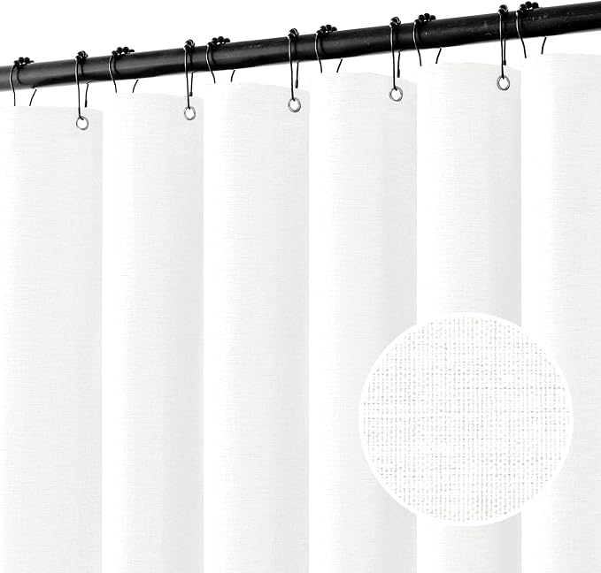 MIULEE Linen Fabric Shower Curtain White W60*L72 10 Metal Hooks | Washable, Modern, Heavy Duty, Curtain Set, Waterproof Neutral Thick Cloth Shower Curtains, Bathroom Bathtub