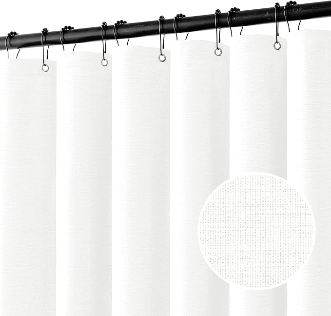 MIULEE W108*L72 Extra Wide Linen Shower Curtain White 18 Metal Hooks | Large Fabric Curtain Set, Waterproof Neutral Thick Cloth Shower Curtains, Bathroom Hotel Bathtub, Washable