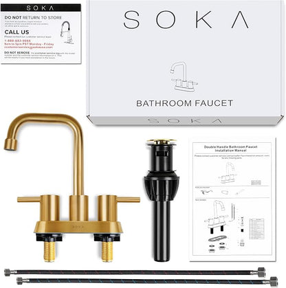 SOKA Centerset Bathroom Faucet 2 Handles 4 Inch Commercial Hand Sink Touch Faucets 3 Hole Bathroom Sink Faucet Gooseneck, Gold