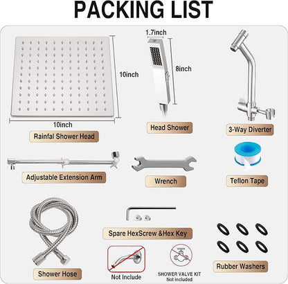 All Metal 10 Inch Rain Shower Head with Handheld Built-in Power Wash Mode, High Pressure Waterfall Rainfall Square Shower Heads with 16" Adjustable Extension Arm, Dual Showerhead(Brushed Nickel)