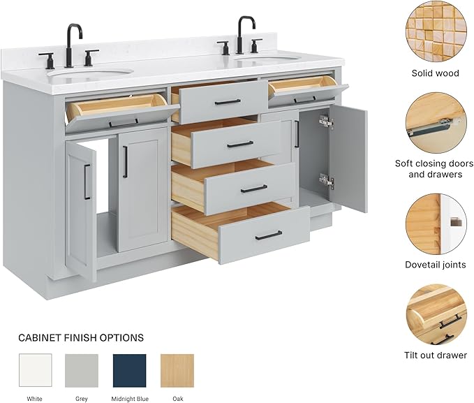 ARIEL Hepburn 66-inch Bathroom Vanity with Sink,Solid Wood, 1.5-inch Carrara White Quartz Countertop & Backsplash, Double Oval Porcelain Sink, 4 Soft Closing Doors, 6 Dovetail Drawers, Grey