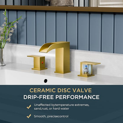 QFN Brushed Gold Bathroom Faucet 3 Hole, 8 Inch Widespread Square Bathroom Sink Faucet with Metal Pop-up Drain and 24" CUPC Supply Line, Lead-Free 2 Handles for Vanity, Restroom, Lavatory and Mall