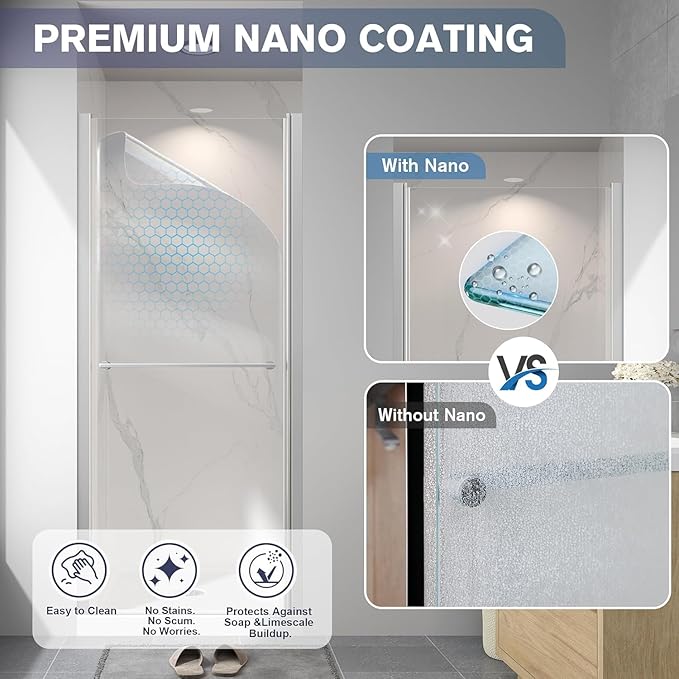 30"-32" W x 72" H Frameless Pivot Shower Door Brushed Nickel | 1/4"(6mm) SGCC Tempered Glass with Explosion-Proof Film &Nano Coating,Customizable Width