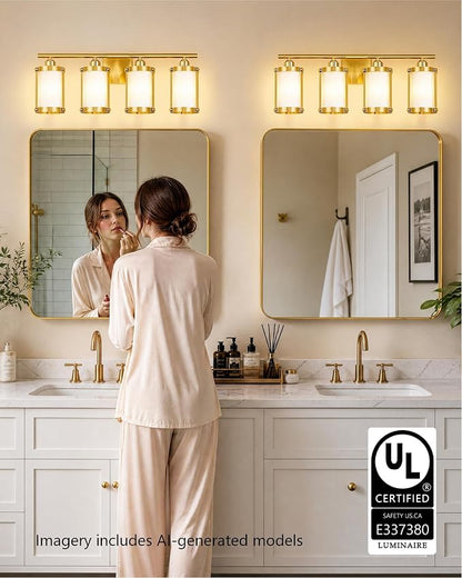 4-Light Brushed Gold Bathroom Light Fixtures with Milk White Frosted Glass, 29" UL-Listed Modern Wall Sconce Over Mirror with Metal Cage for Bath, Hardwire E26, OS-3014BGW-4W