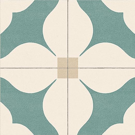 Teal Beige Geometric Peel and Stick Floor Tiles 12x12 Inch 10PCS | Teal beige cream minimalist geometric flower pattern vinyl floor stickers for kitchen bathroom entryway and indoor home decor
