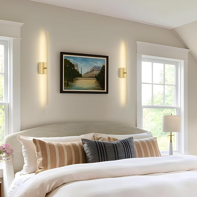Battery Operated Wall Sconce Set of Two with Remote Control, 3000K-6000K Dimmable Gold Wall Lights, Timable LED Wireless Wall Sconces, 350° Ratate for Bathroom, Living Room, Hallway 29.1 Inch