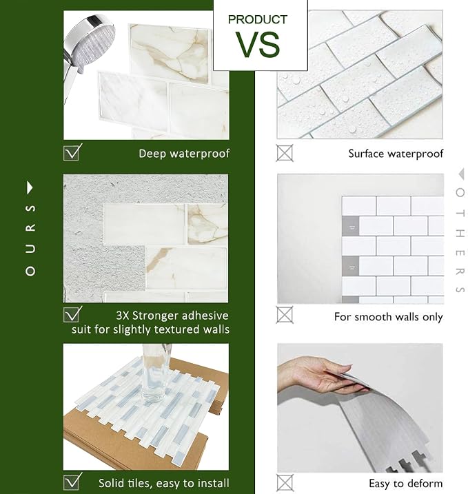 STICKGOO 10-Sheet Subway Tile Peel and Stick Backsplash, Self Adhesive Vinyl Wall Tiles, Stick on Backsplash for Kitchen and Bathroom(Thicker Design)