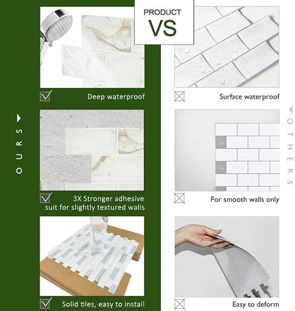 STICKGOO 10-Sheet Subway Tile Peel and Stick Backsplash, Self Adhesive Vinyl Wall Tiles, Stick on Backsplash for Kitchen and Bathroom(Thicker Design)