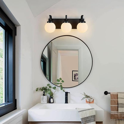 3 Lights Bathroom Vanity Light Fixtures Modern Sand Black Vanity Light with Milk White Glass Globe Shade Bathroom Lighting Over Mirror Wall Sconce for Bedroom Living Room Hallway