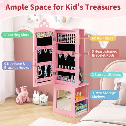 CHARMAID Kids Jewelry Cabinet Armoire, 47" Full Length Mirror, Coat Rack, Back Storage Shelves, Standing Vanity Dressing Mirror for Girls, Kids Jewelry Organizer (Pink)