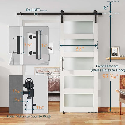 32'' x 96'' Glass Barn Door and 6 Ft Hardware Kit Included, MDF White Barn Door Slab with Frosted Glass, PVC Surface, Combined with Handle and Floor Guide-Assembly Required, White