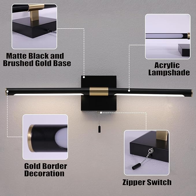Black Gold Bathroom Vanity Light 24 Inch, Modern LED Vanity Light Bar Over Mirror, 4000K 360° Rotatable Picture Lights, Wall Lighting Fixtures for Bathroom, Paintings