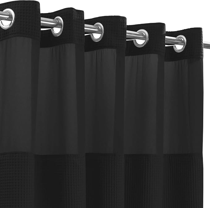 River Dream Black Cotton Blend Fabric Shower Curtain Set with Liner, 71x74 | Waffle Weave, No Hook Needed, with Snap in Replacement Liner, Top Sheer Window, Hotel Quality Fabric for Bathroom