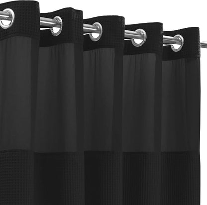River Dream Black Cotton Blend Fabric Shower Curtain Set with Liner, 71x74 | Waffle Weave, No Hook Needed, with Snap in Replacement Liner, Top Sheer Window, Hotel Quality Fabric for Bathroom