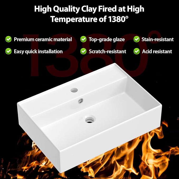 24x16 InchFloating Bathroom Sink Wall Mount Vessel Sink | Floating Wall Hung Sinks Rectangular Modern Vessel Sinks White Porcelain Lavatory Sink for Hotel & Residential Bathroom