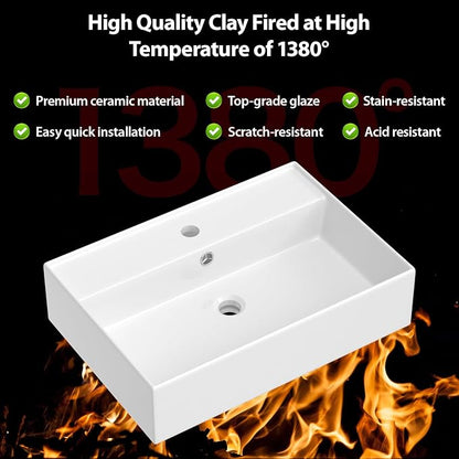 24x16 InchFloating Bathroom Sink Wall Mount Vessel Sink | Floating Wall Hung Sinks Rectangular Modern Vessel Sinks White Porcelain Lavatory Sink for Hotel & Residential Bathroom