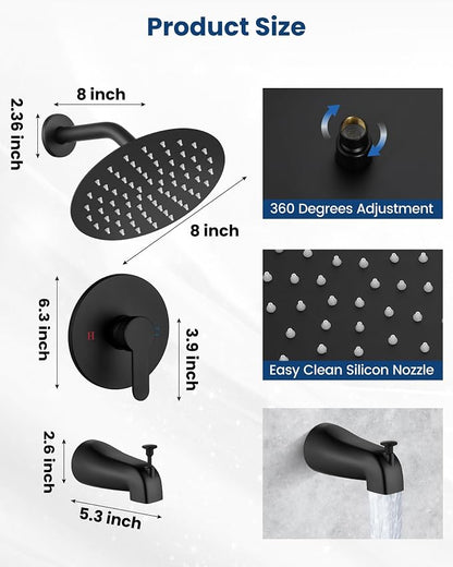 Airuida Shower Faucet Set with Tub Spout,8" Bathtub Faucet-Matte Black | Male Threads Rough-In Valve,Round Head Shower System,Tub and Shower Kit Set
